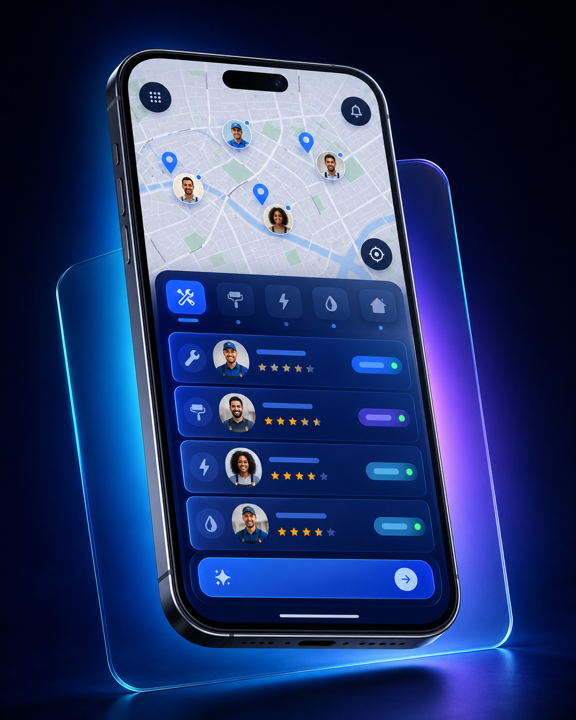 App de Cachuelito mostrando trabajadores cercanos en el mapa